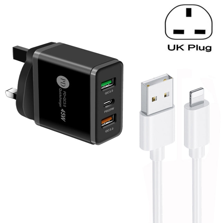 45W PD25W + 2 x QC3.0 USB Multi Port Charger with USB to 8 Pin Cable, UK Plug, UK Plug + USB to 8 Pin Cable
